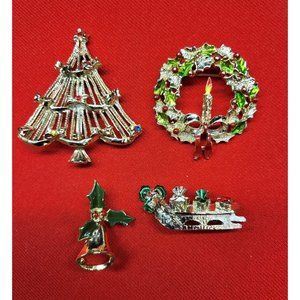 Christmas Pins Brooch Set of 4 Christmas Wreath Tree Sleigh Bell Pins